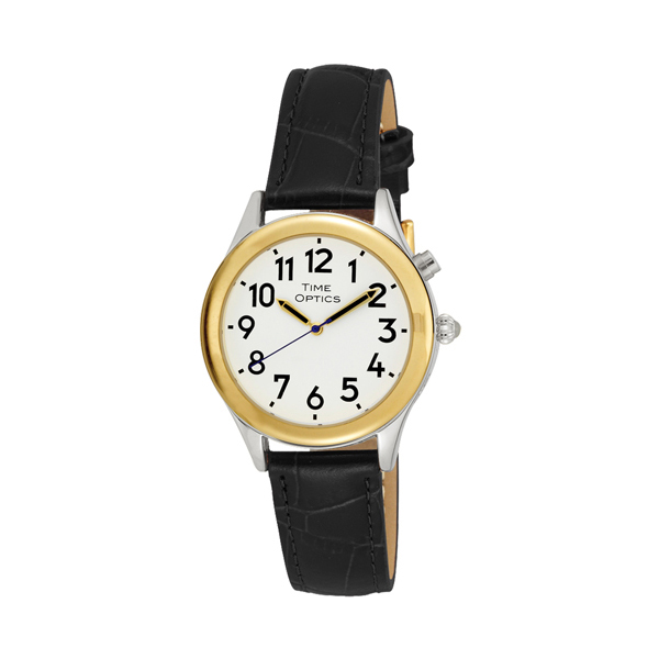Ladies Two Tone Talking Watch White Face: Leather Band - Black - Click Image to Close